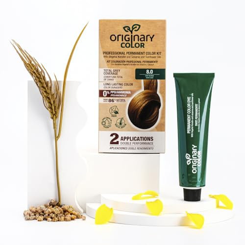 Originary Color - Kit de Coloración Profesional Permanente, Color 8-0 Rubio Claro 100 ml + Crema Oxidante 100 ml + Champú 30 ml | Fórmula sin amoniaco y sin PPD.