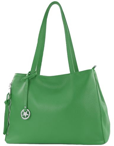 modamoda de T205 Damen Leder Schultertasche Shopper Henkeltasche handmade in Italy, Farbe:Blattgrün