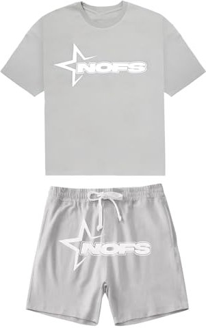 NOFS Trainingsanzug Herren Trainingsanzug Jogginganzug Herren Sommer Sportanzug 2 Teiliges Outfit Sport Set Kurzarm T-Shirts + Kurze Hose Sets Freizeitanzug Hip Hop Streetwear (S11-Grey, L)