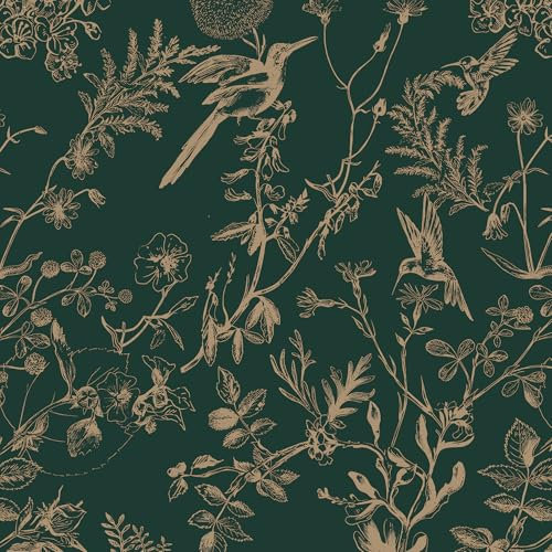 Timeet Peel and Stick Wallpaper Dark Green and Gold Leaf and Flower Bird Pattern Self Adhesive Wallpaper Vinyl Warp Plastic Roll Sticky Back Wallpaper for Bedroom Living Room Wall Shelf,41x600cm