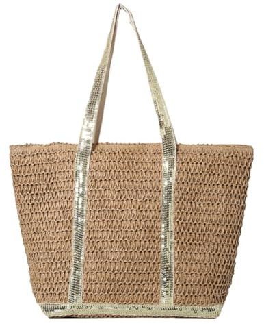 Fiorky Stroh-Strandtasche for Damen, Stroh-Tragetasche, große Kapazität, Pailletten, Häkel-Strandhandtasche, Kontrastfarbe, einfache Umhängetasche, Damen-Sommer-Tagestasche, Tragetasche mit