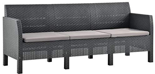 Homgoday Gartensofa 3-Sitzer mit Kissen PP Rattan Grau Anthrazit Outdoor Paletten Holz Sofa Paletten Outdoor