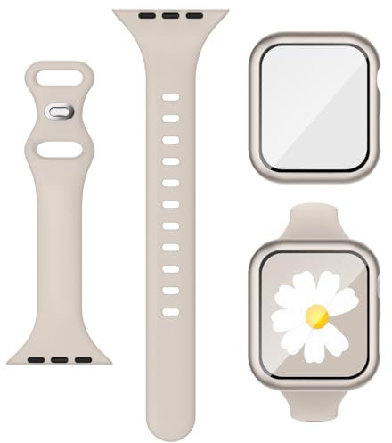 Bracelet 3 en 1 pour Apple Watch fin de 41 mm avec étui et protecteur d'écran, bracelet de sport fin en silicone et coque avec verre trempé 9H pour iWatch Series SE SE2 9 8 7 6 5 4 pour femme, beige