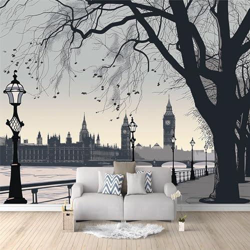 Art Fototapete Tapete Handgezeichneter Cartoon Londoner Flussufer Viktorianische Straßenlaterne Vlies Tapeten Moderne Wandtapete Wohnzimmer Schlafzimmer Wohnzimmer Cafe Dekoration 250 x 175 cm