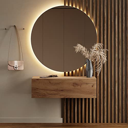Planetmöbel Flurgarderobe 1x 100 cm inkl. Spiegel rund mit Beleuchtung 100 cm, Gold Eiche, Flur Möbel mit Spiegel, 37,8T x 100B x 32,5H cm