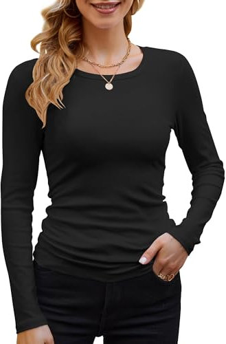 DUOEASE Langarmshirt Mit Rippenbündchen Damen Schwarzer Rundhal Pullover Elegant Oberteile Gerippt Tshirts Basic Tops Medium