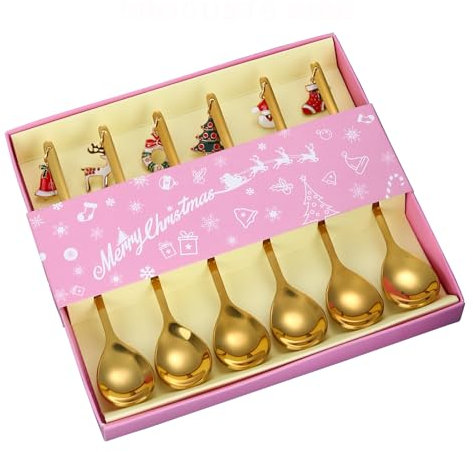 TAIYOU Set of 6 Golden Christmas Spoons Set, Long Handle, Small Round Spoon, Christmas Coffee Spoon, Stainless Steel Christmas Spoon, Golden Spoon Set Spoon with Christmas Tree Pendant