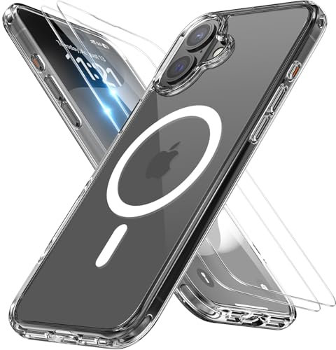 Miracase Magnetisch für iPhone 16 Hülle für Magsafe[mit 2 Schutzglas] Militärschutz Stoßfest Kratzfest Anti-Fingerabdruck Samtige Haptik Dünn Handyhülle für iPhone 16 6,1 Zoll, Klar