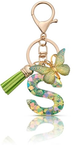 MORSUNBELA Porte-clés avec lettre de l'alphabet - Porte-clés pour fille - Lettre initiale - Papillons - Pour femme, Vert-S, S