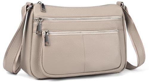 befen Umhängetasche aus echtem Leder für Damen, mittelgroße Taschenbücher, Schultertaschen, Handtaschen mit mehreren Reißverschlusstaschen, Beige Grau