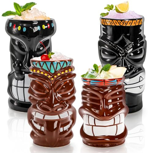 Goaste 4 Pack Ceramic Tiki Mugs, Large Hawaiian Tiki Glasses, Exotic Zombie Drinking Tumbler Cups, 15/17/20 oz Capacity, Ideal for Cocktail, Mai Tai, Whiskey, Rum, Vodka, Pina Colada