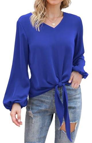 Anelune Womens Tops V-Neck Shirts Long Lartern Sleeve Shirts Elegant Solid Color Loose Fit Casual Chiffon Blouse S-XXL
