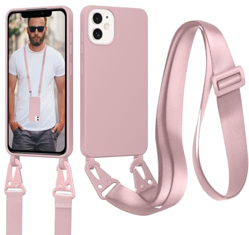 Woijrly Funda para iPhone 11 Caso con Cordón, Ajustable Collar Carcasa iPhone 11 Cuerda, Delgado Suave Bumper TPU Silicona Líquida Antigolpes Case, Carcasa Protectora con Forro de Microfibra, Rosa