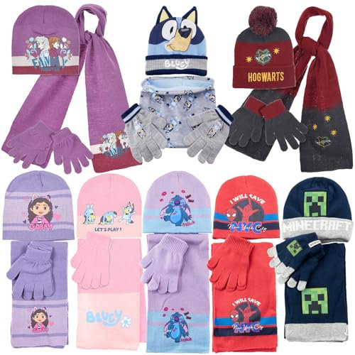 Characters Cartoons Bing Minecraft Spiderman Frozen Ladybug 44 Katzen – Mädchen Jungen – Winter-Set 3-teilig Mütze Handschuhe und Schal oder Halswärmer, 4138 Gabby Violett, 48