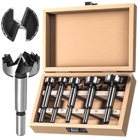 GPtzlei Forstnerbohrer-Set 5-tlg. (15-35 mm) in Holzkasten - Präzisionsbohrer für Holz mit Zentrierspitze - Ideal für Topfscharniere, Möbelbau & Holzhandwerk