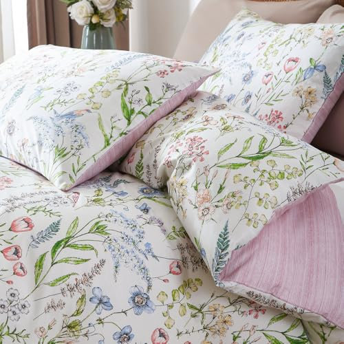 Nyescasa Housse de Couette 240x260 100% Coton Fleurs Rose et Vert Floral Réversible Parure de lit Adulte 2 Personnes Sets de Housses de Couettes avec Fermeture Éclair et 2 Taies d'oreiller 65x65 cm