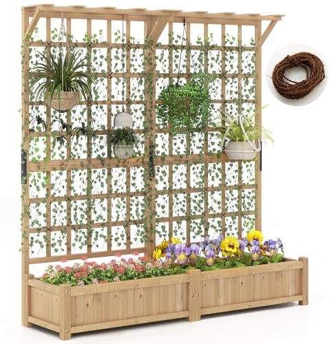 RELAX4LIFE Jardinière Surélevée avec Treillis 183CM | Jardinière sur Pied en Bois avec 4 Trous de Drainage, Conteneur de Plantes Vertical Pourvignes Grimpantes, Naturel
