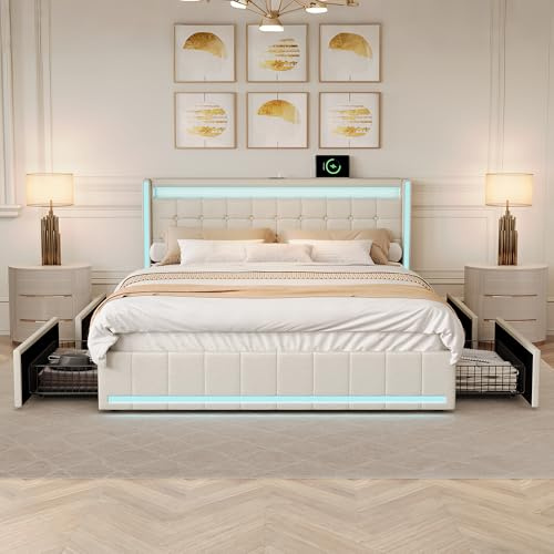 QMTXBYJ Polsterbett Doppelbett 160x200 cm, Stauraumbett mit 4 Schubladen,Bett 160x200 mit Bettkasten und Lattenrost, LED Kopfteil mit USB Ladestation,Jugendbett Funktionsbett Rückenlehne Bett, Leinen
