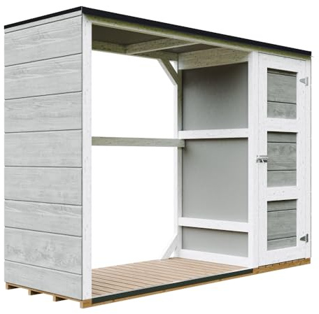 Brennholzlagerschuppen - 75 x 217 x H159 cm - Moderner Brennholzlagerschuppen mit seitlicher Werkzeugaufbewahrung - 1,09 m² + 0.53 m² - Werkzeug- und Holzschuppen - TIMBELA M981 - Tundra Grey