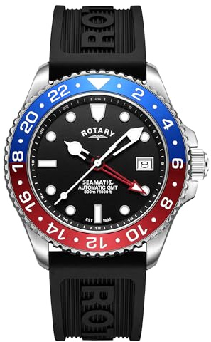 Rotary Men's Seamatic GMT 300M Water Resistance Stainless Steel Black Silicone Strap Watch