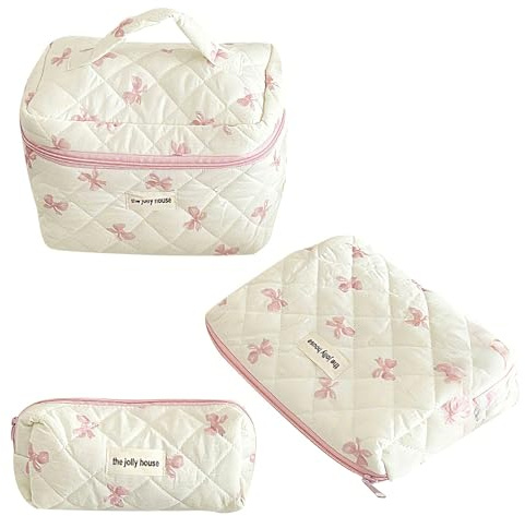Lot de 3 Grande Trousse de Toilette Femme Voyage avec Fleurie & Nœud Design, Vanity Maquillage Female Coton Doux Portable, Pochette de Rangement Maquillage pour Voyages et Vie Quotidienne