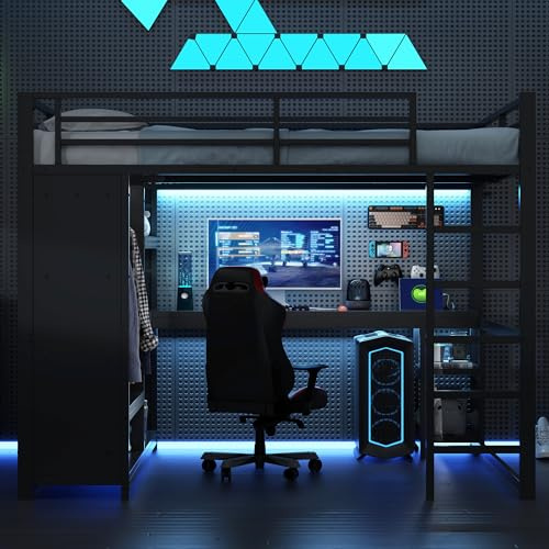cama alta 160x200 negra, cama con escritorio de metal tipo loft bed gaming con LED por app bluetooth, estación de carga, armario abierto y estantes, barandilla y escalera, para dormitorio y estudio