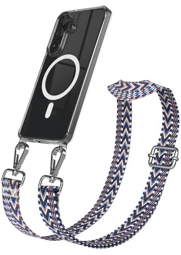 EAZY CASE Handykette - Verstellbares Taschenband kompatibel mit Galaxy S26 Plus, Schulterriemen, Handykordel mit Silikon Hülle, Qi Charging kompatibel, Umhängetasche, Blau Weiß Silber