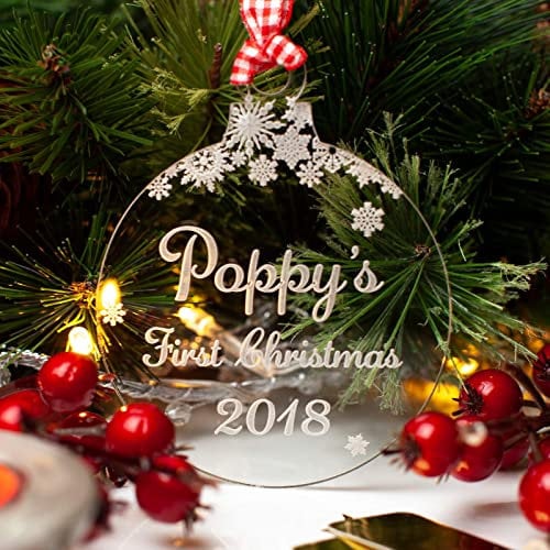 Rustic Charm Baby's First Christmas, Personalised Xmas Tree Decoration. Clear Acrylic Bauble. 1st With Engraved Name. Snowflakes Decor.