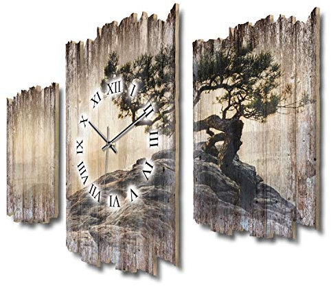 Kreative Feder Dreiteilige Designer-Wanduhr Einsamer Baum Shabby-Chic Landhaus-Stil leise Funkuhr ohne Ticken 95x60cm aus Holz (Einsamer Baum, leises Funkuhrwerk)