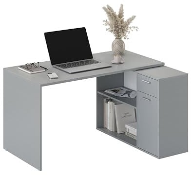 RICOO Eckschreibtisch Winkelschreibtisch Eckig L-Förmiger Schreibtisch - Bürotisch Winkelkombination WM083-PL - 136x101x75 cm - Grau Ecktisch L-Form Regal Stauraum Schubladen Büro Arbeitszimmer