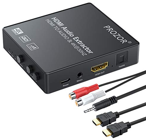 PROZOR Estrattore Audio HDMI 4K Volume Regolabile Adattatore da HDMI a Ottico Spdif Toslink R/L (RCA) 3,5 mm Jack Audio Extractor con 3 Modalità Audio PASS / 2.0CH / 5.1CH con Cavo 3.5mm a 2RCA USB