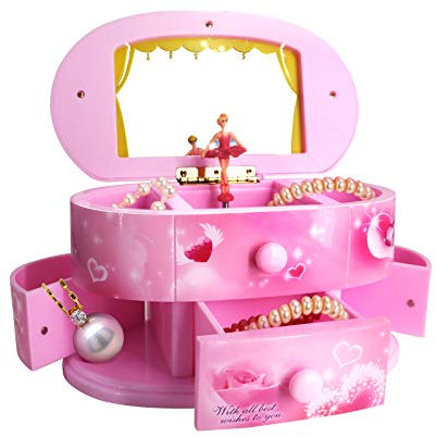 Qulable Girl's Musical Jewelry Storage Box with Drawer and Dancing Ballerina Makeup Mirror Jewelry Storage Music Box (Pink)