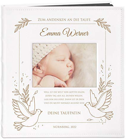 Maverton Fotoalbum zum Selbstgestalten mit Gravur - für 240 Fotos 10x15-60 schwarze Seiten - Größe 33x30cm - Weiß - personalisierte Geschenke für Kinder zur Taufe Kommunion - Geburtstagsgeschenk