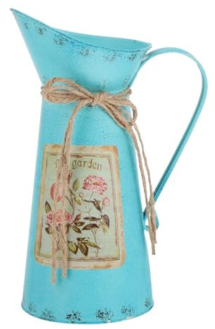 DOITOOL Shabby Chic Flower Vase Vintage Farmhouse Jug Vase Milk Can Pitcher Galvanized Metal Rustic Vase Holder for Home Decoration Blue