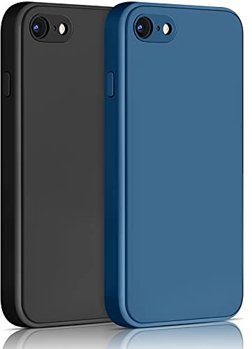 Yisica 2 Pack Silicone Coque Compatible pour iPhone SE 2020 / iPhone 8 / iPhone 7 / iPhone SE 2022, Silicone Coque avec Doublure en Microfibre Douce Protection Complète 4,7, Noir/Bleu Marine