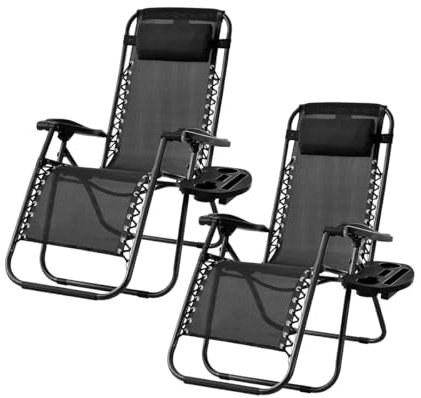 Vivo Technologies Set of 2 Folding Reclining Adjustable Zero Gravity Lounge Chairs, Garden Chair leisure Beach Chair with headrest Sun Loungers powder-coated steel frames, Black