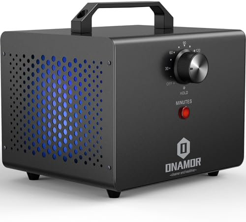 ONAMOR Generador de ozono de 12000 mg/h – Ionizador de máquina de ozono y desodorante O3 para el hogar, sótano, humo y habitación de mascotas. (Elimina olores de hasta 2000 pies cuadrados, negro