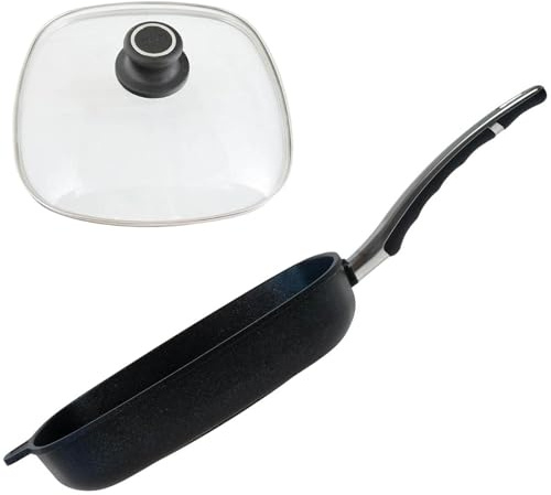 BAF Induktions-Grillpfanne 28x28 cm mit Glasdeckel - quadratische Aluminiumguss Antihaft Pfanne mit Grillrillen - 4,5 cm hoher Rand - für Induktion, Gas & Elektro - Made in Germany