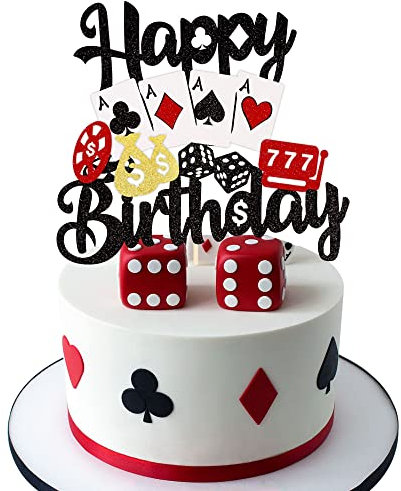 SYKYCTCY 1 Pack Casino Cake Topper with Glitter Poker Game Chips Player Happy Birthday Cake Pick Las Vegas Casino Night Theme Birthday Party Cake Decorations Supplies …