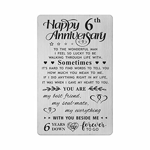 FALOGI 6th Wedding Anniversary Card Gifts for Him Husband, Happy 6 Year Anniversary Card Presents, Metal Engraved Wallet Card