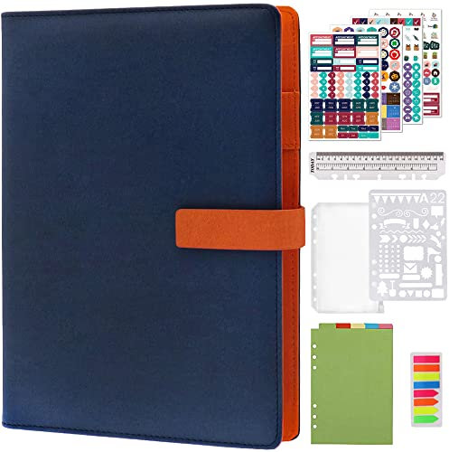 HXRTANGS A5 Nachfüllbares Notizbuch PU Gepolsterte Abdeckung, 6 Ring-buch Journal Persönlicher Organizer Planer 80 Blätter mit Stift Halter & Magnet-Verschluss, für Büro Schule Reise, Marineblau