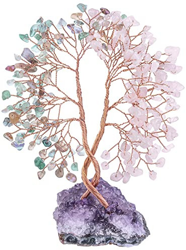 KYEYGWO Rosenquarz & Fluorite Heilung Kristall Geldbaum auf Natürlichen Amethyst Drusensegment Rohstück Basis, Feng Shui Bonsai Baum Deko Stein Glückbaum Liebe Edelsteinbaum Ornament