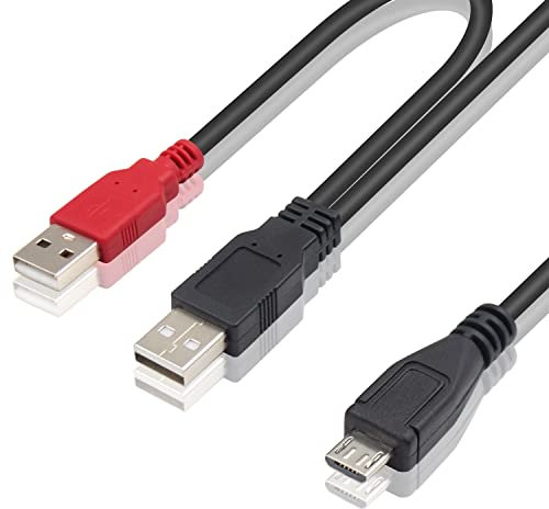 Duttek Cavo USB a Micro USB, doppio USB 2.0 maschio a standard Micro USB maschio Y cavo splitter per fotocamera, MP3, MP4, cavo per disco rigido esterno, 80/20cm