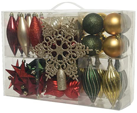 Kaemingk Christbaumschmuck Kunststoff 6-12cm mit Christbaumspitze Stern 60er Set bruchfest Mix grün rot Gold