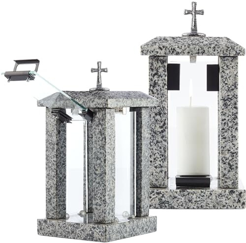 Large Square Granite Memorial Lantern with Cross – H 22.6 (32cm) Grey Graveside Tribute Memory – Funeral Gift, Cemetery Grave Ornaments, Memory Lantern, Candle Decoration for Graveyard or Home Use