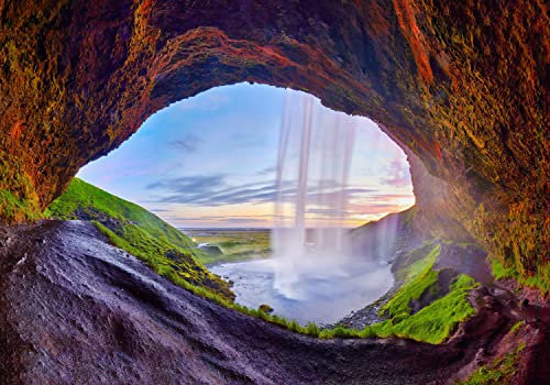 wandmotiv24 Fototapete Berge Wasserfall Landschaft, XXL 400 x 280 cm - 8 Teile, Wanddeko, Wandbild, Wandtapete, Island See Sonnenaufgang M6351
