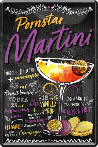 schilderkreis24 – Blechschild Cocktail Rezept Deko Bar Küche Kneipe Pub Theke Geschenk Geschenkidee Geburtstag Weihnachten Longdrink Tonic Spirituosen Trinker 20x30 cm (Pornstar Martini)