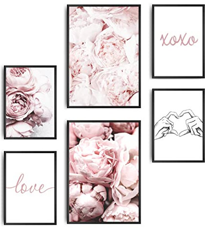 decomonkey | 6er Poster Set OHNE Bilderrahmen | Blumen Abstrakt | 4 x DIN A4 & 2 x DIN A3 | Wohnzimmer Schlafzimmer Wandposter Blider Collage Modern Wanddeko Rosa Pfingstrosen Herz Love