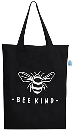 BOHEMEO Reusable Organic Cotton Canvas Fashionable Printed Tote Handbags, Black (Bee Kind), Black, L, Black, L