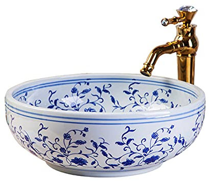 Waschbecken, blau und weiß Farbe Kunst Keramik Arbeitsplatte Waschbecken für Bad und Bauernhaus, Eitelkeit Waschplätze Durchmesser: 41cm